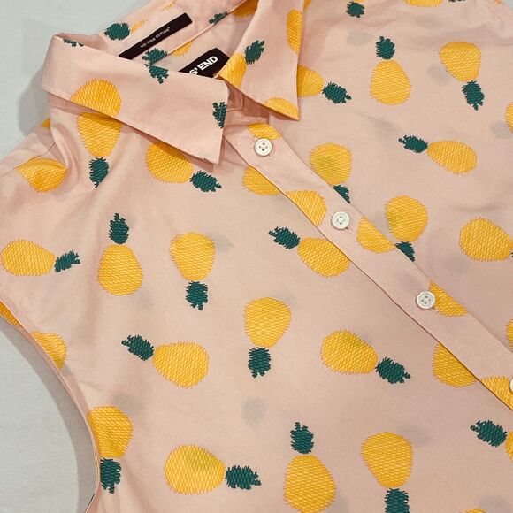 ~ Lands' End 16p Pineapple Print No-Iron Cotton Sleeveless Shirt Button-Up Pink - Picture 1 of 11